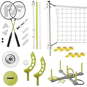Franklin Sports Outdoor Fun 5 Combo Set with yellow badminton rackets, volleyball, and additional outdoor game equipment displayed together.