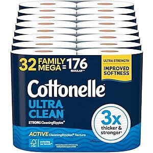 Select Accts: 32-pk Cottonelle Ultra Clean 1-Ply Toilet Paper Family Mega Rolls $22.60 w/ S&S