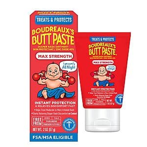 Boudreaux's Butt Paste Maximum Strength white and yellow 2-ounce tube with product branding and labeling.