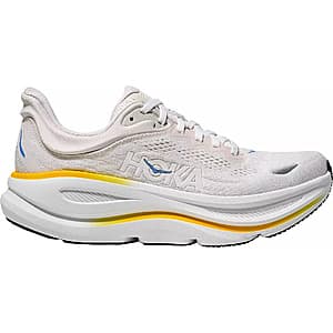 HOKA Women's Bondi 9 running sneaker in white and light grey colorway, displayed from a side angle showing the cushioned sole and overall shoe profile.