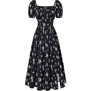Women's floral corset midi dress in multiple color options, featuring a square neckline and fitted bodice.
