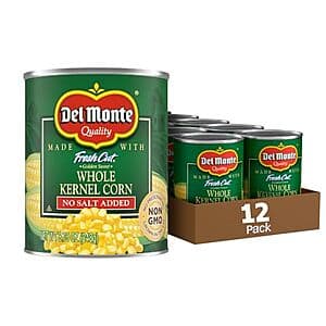 12-pack of Del Monte canned golden sweet whole kernel corn with no salt added, 8.75-oz cans.