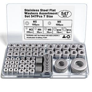 547-piece set of 18-8 stainless steel metric flat washers in various sizes (M3-M12) organized in a compartmented storage case.