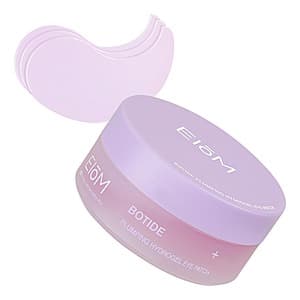 60-count box of EIOM Botide Peptide Hydrogel Under-Eye Patches in clear packaging showing translucent gel patches.