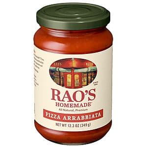 12.3-ounce jar of Rao's Homemade Pizza Sauce Arrabbiata with red sauce visible through glass packaging.