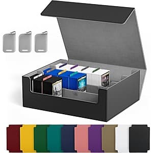 UAONO 3-row trading card storage box in white plastic with multiple compartments, 10 dividers, and 3 stoppers for organizing trading cards.