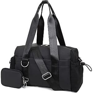 Compact mini gym bag in multiple colors (black, green, pink, white) with adjustable shoulder strap and coin wallet pocket.