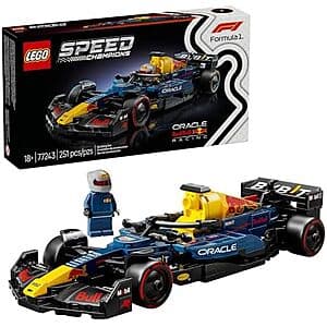 251-piece LEGO Speed Champions set depicting the red and dark blue Red Bull Racing RB20 Formula 1 car with detailed construction and authentic design elements.