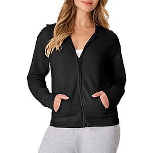 Hanes Women's EcoSmart midweight fleece hoodie in Ebony colour, shown with full zip and 1/4 zip styling options available in multiple sizes.