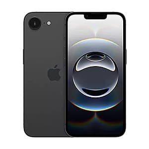 Apple iPhone 16e in black, 128GB model with Straight Talk packaging and activation materials.