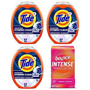 3x 63-Ct Tide Power PODS Laundry Pacs + 60-Ct Bounce Intense Dryer Sheets $41.20 w/ Subscribe & Save + Free Shipping