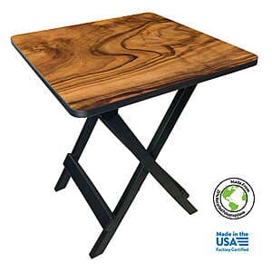 19-inch beige plastic folding camp side table with collapsible legs, suitable for outdoor camping and picnics.