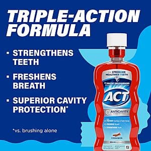 18 oz bottle of ACT Anticavity Zero Alcohol Fluoride Mouthwash in Cinnamon flavor with white and blue labeling.