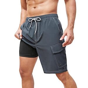 SILKWORLD Men's 9" Cargo Swim Trunks w/ Compression Liner $12