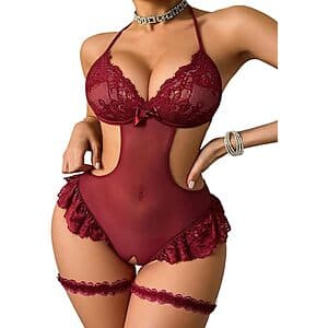 Avidlove sheer lace one-piece bodysuit with cut-out details and adjustable spaghetti straps in black.