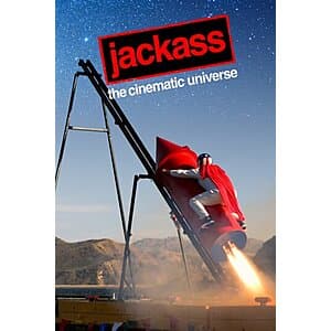 Collection of Jackass franchise movie posters and promotional artwork featuring the iconic yellow and black Jackass logo.