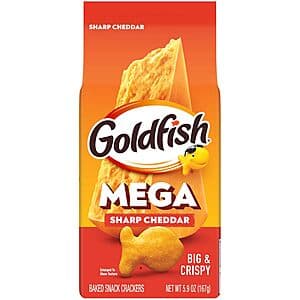 5.9 oz box of Goldfish Mega Bites Sharp Cheddar Cheese Crackers with orange packaging.