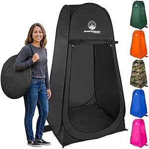 Black pop-up privacy tent with compact footprint and carrying bag, dimensions 3.3' x 3.3' x 6.2'