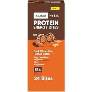24-count box of RXBAR Protein Energy Bites in Dark Chocolate Peanut Butter flavor with individual bite-sized portions visible.