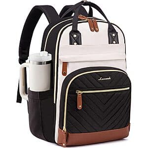 LOVEVOOK 15.6-inch laptop backpack in beige, black, and brown colorway with tumbler holder pocket.