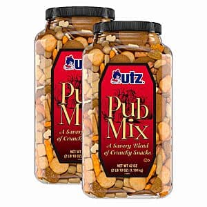 A 42-oz resealable container barrel of Utz Pub Mix savory snack mix with red and gold branding.