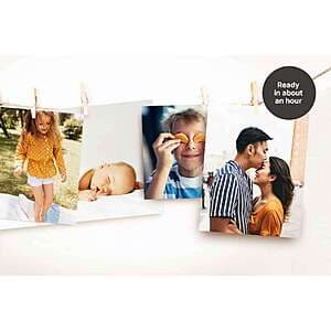 Walgreens Photo storefront showing printed photo products including prints, posters, and enlargements in various sizes and formats.