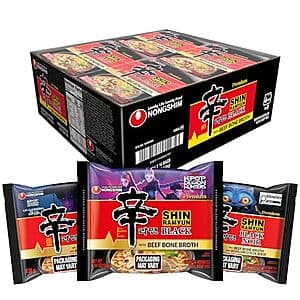 16-pack box of Nongshim Shin Ramyun Black instant ramen with beef bone broth flavor, featuring the product's characteristic black packaging and branding.