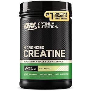 2.64-pound container of Optimum Nutrition Micronized Creatine Monohydrate Powder in white packaging with blue labeling.