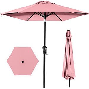 Best Choice Products 10-foot patio umbrella with tilt and crank mechanism in brown or carnation color, shown fully extended with adjustable angle.