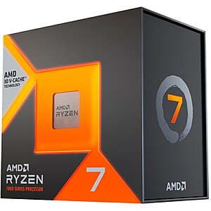 AMD Ryzen 7 7800X3D desktop processor in packaging, showing the CPU specifications and AM5 socket compatibility.