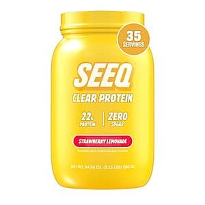 SEEQ Clear Whey Isolate protein powder in Strawberry Lemonade flavour in a 34.56-oz container showing 35 servings label with 22g protein per serving.