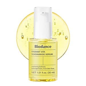 BIODANCE Radiant Vita Niacinamide Serum bottle, 1.01 fl.oz., with clear glass packaging and white/silver labeling.