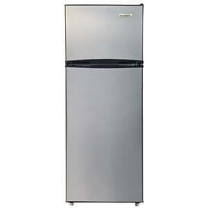 Platinum finish Frigidaire top mount refrigerator with reversible doors, compact 7.5 cubic foot design suitable for apartments.