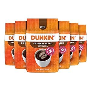 6-Pack 18-Oz Dunkin' Medium Roast Whole Bean Coffee (Original Blend) $38 w/ Subscribe & Save + Free Shipping