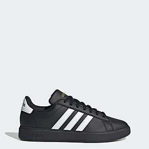 adidas Women's Grand Court 2.0 sneakers in core black with cloud white and gold metallic accents on the side.