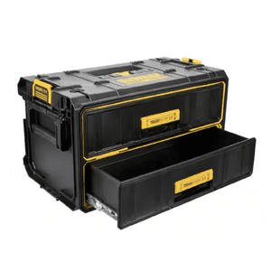 DeWalt ToughSystem 2.0 2-drawer storage unit with black plastic housing, ball-bearing metal slides, and auto-connect side latches for stackable organization.