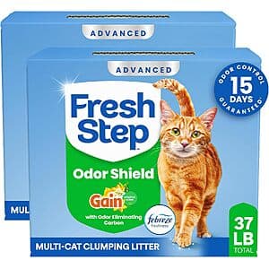 Two 18.5-lb boxes of Fresh Step Advanced Odor Shield cat litter with Febreze and Gain scent, featuring activated charcoal formula.