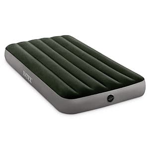 Intex Dura-Beam Standard Prestige Twin air mattress in gray fiber-tech material with 10-inch height and blue accents.