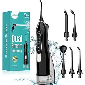 COSLUS 300ml cordless portable water dental flosser in white with rechargeable battery base.