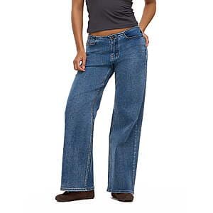 Forever 21 women's medium acid wash wide leg denim jeans with mid rise and no waist design in stretch cotton blend fabric.