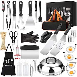 137-piece stainless steel griddle tool set with multiple spatulas, tongs, scrapers, basting bottles, egg rings, and additional grill accessories displayed together.