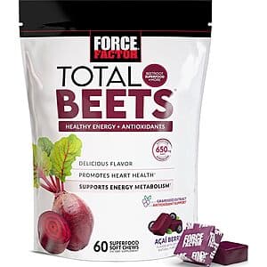 Force Factor Total Beets 60-count bottle of beetroot soft chews for heart health support.