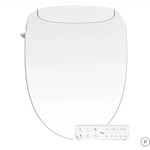 White elongated bidet toilet seat with control panel, featuring low profile design, closed lid, and integrated night light indicator.