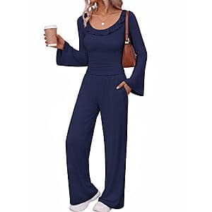 Ekouaer women's two-piece lounge set featuring bell-length sleeves in neutral tones suitable for comfortable loungewear.
