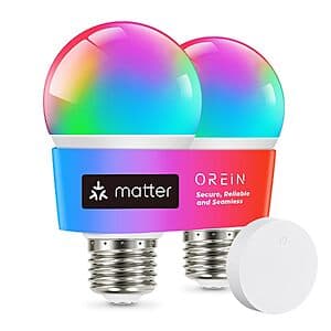 2-Pk OREiN Matter Smart A19 RGBTW Color Changing LED Light Bulbs w/ Remote $10