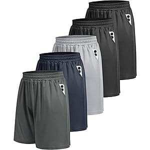 5-Pack Athletic Gym Men's Shorts w/ Pockets (Large Only) $20
