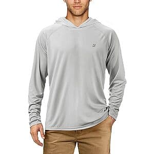 Gray men's long sleeve hoodie fishing shirt with UPF 50+ sun protection.
