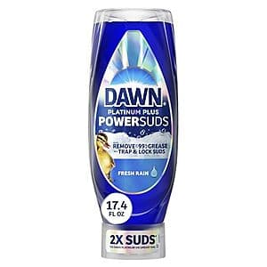 17.4-ounce bottle of Dawn Platinum Plus PowerSuds Liquid Dish Soap in Rain scent with purple labeling.