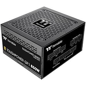 Thermaltake GF1 850W power supply unit with fully modular cabling, featuring black casing and gold-rated efficiency branding.