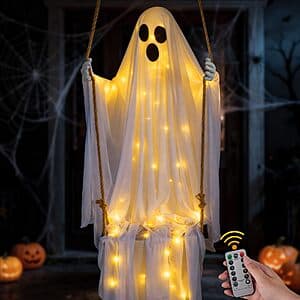 4.8 foot tall Halloween hanging swing ghost with LED lights and remote controller, displayed in outdoor setting.